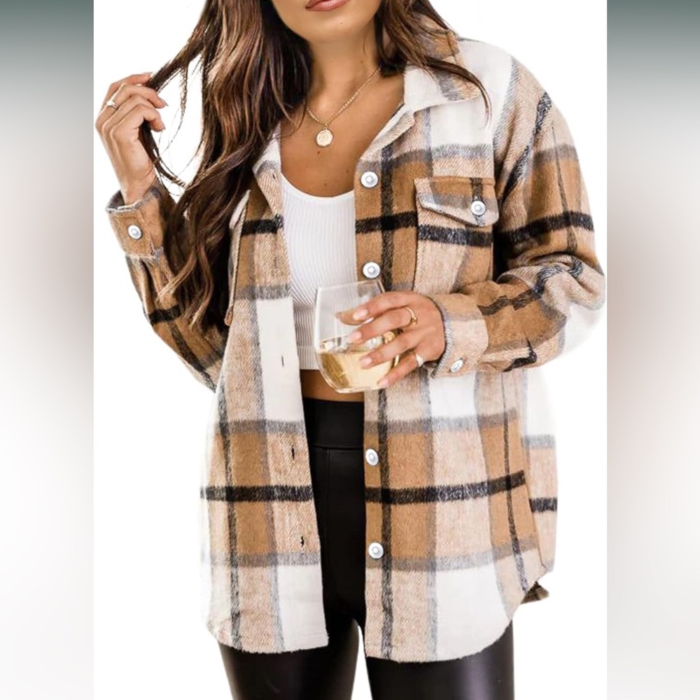Tanming Womens Flannel Plaid Shacket Wool Blend Button Down Shirt Jacket